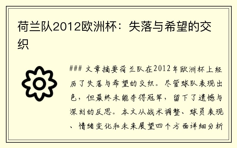 荷兰队2012欧洲杯：失落与希望的交织