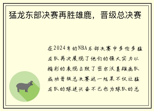 猛龙东部决赛再胜雄鹿，晋级总决赛